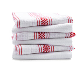 white with red striped kitchen towels, bar dish towels for kitchen.