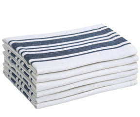 Four white and blue striped restaurant napkins stacked together