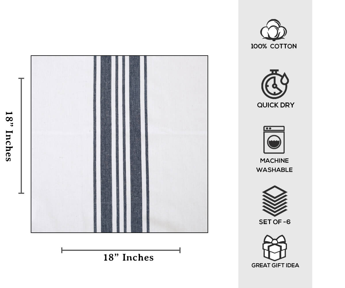 Cloth napkins-The 18×18" White napkins with blue napkins cloth are displayed with dimensions and described with its characters.