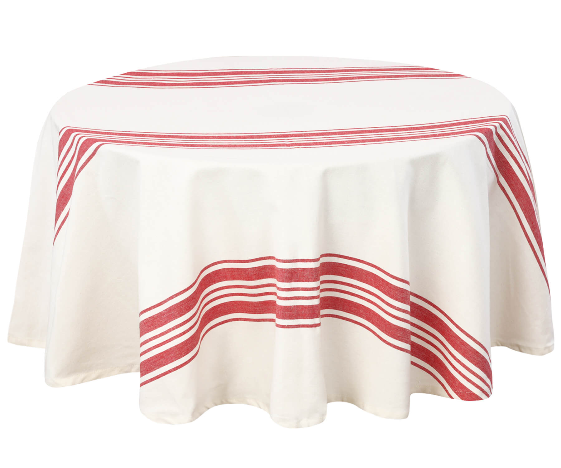 Round outdoor tablecloth exhibiting red stripes
