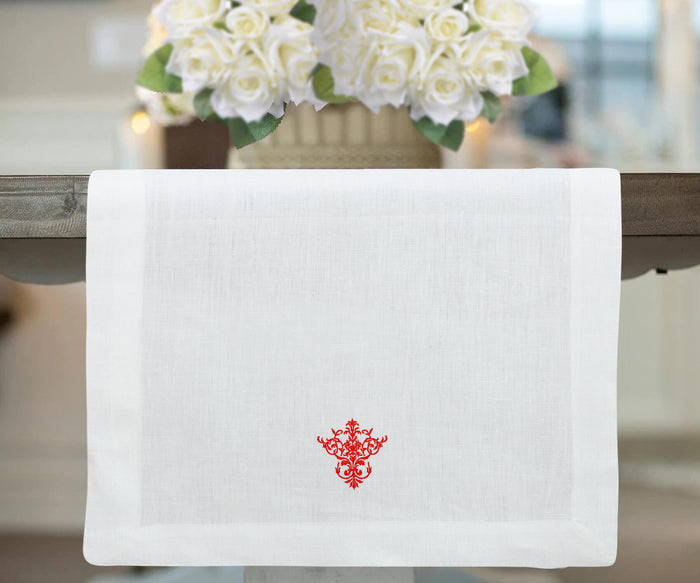 White table runners with red embriodery desing and farmhouse table runners. runner round table