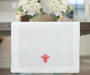 White table runners with red embriodery desing and farmhouse table runners. red table runners