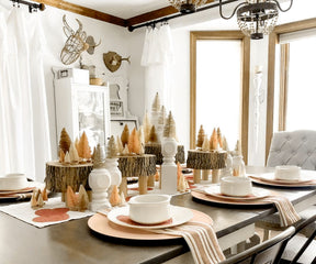 Dining table setup with restaurant napkins and white plates
