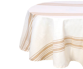 Round table featuring a white outdoor tablecloth with tan stripes
