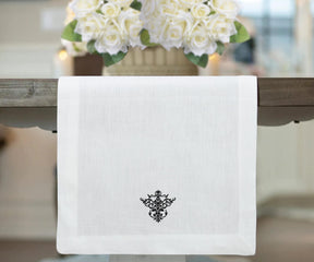 Table Runner White with Black Embroidery Design, cotton table runners, 90 inch long table runners, black table runner. 